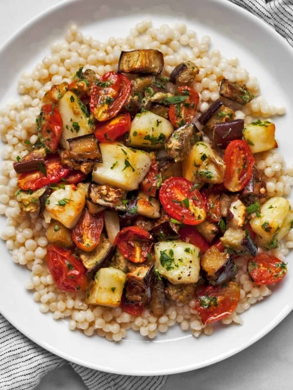 Roasted Eggplant and Tomatoes with Halloumi