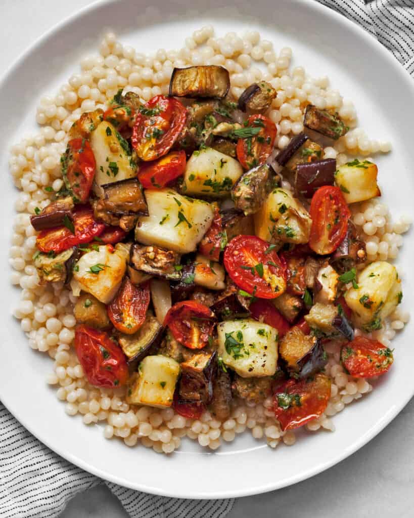 Roasted Eggplant and Tomatoes with Halloumi