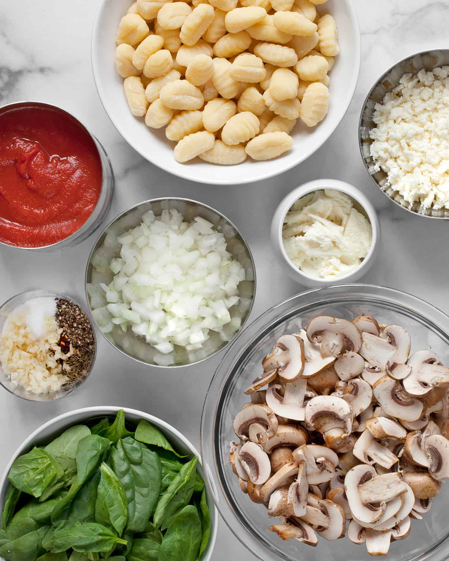 Store Bought Gnocchi, sliced mushrooms, spinach and other ingredients