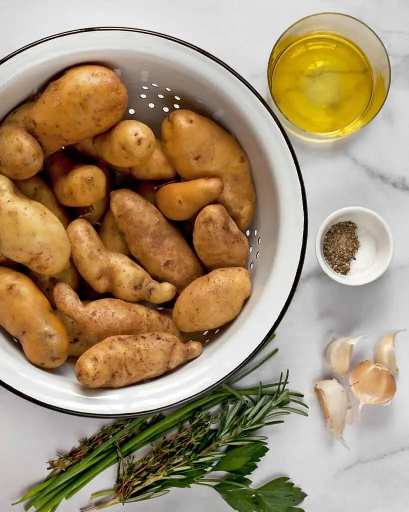Fingerling potatoes, olive oil, garlic, herbs, salt and pepper