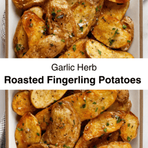 Roasted fingerling potatoes on a plate.