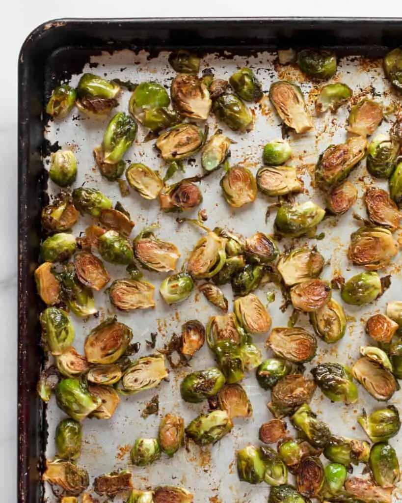 Roasted brussels sprouts on a sheet pan