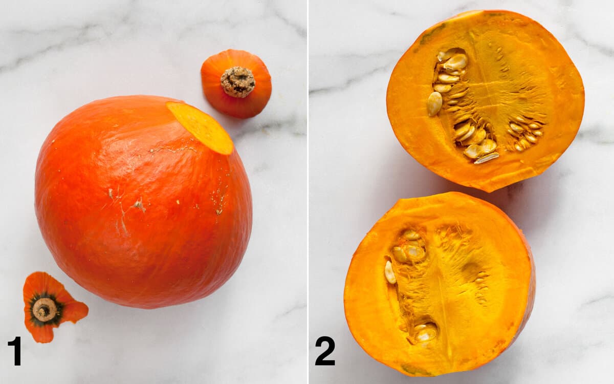 Step One: Trim the ends using a sharp knife on your cutting board. Step 2: Halve the squash lengthwise.