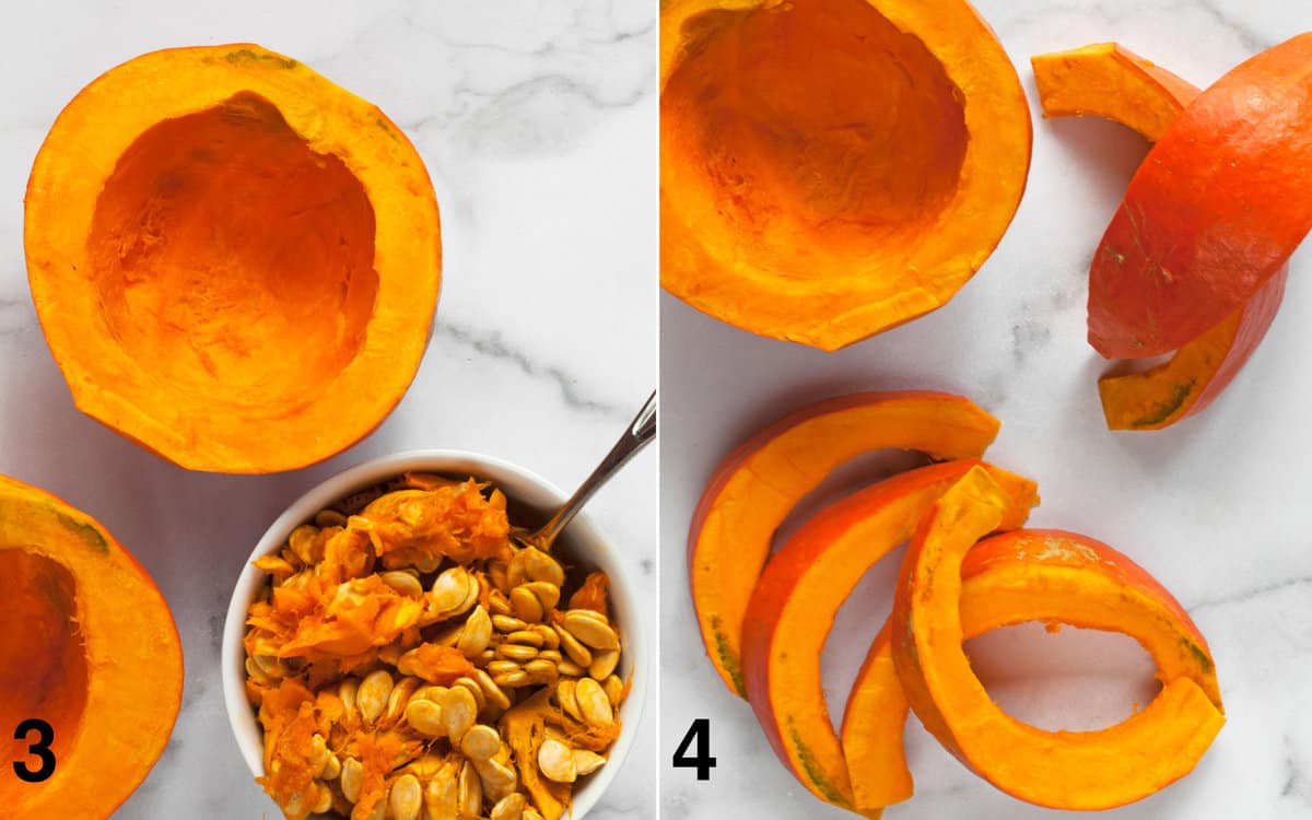 Step Three: Scoop out the seeds. Step Four: Halve the squash halves. Then halve the quarters and halve those slices again, so you end up with 16 wedges.