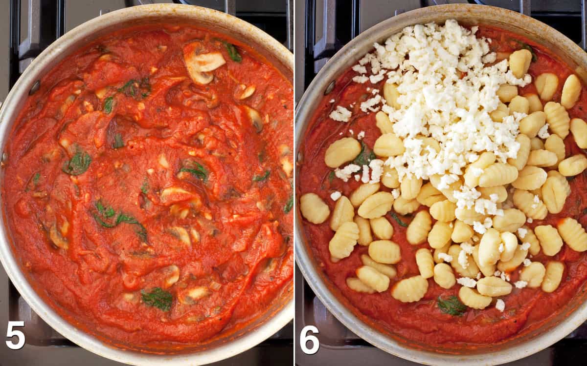 Stir the tomato puree into the onions and garlic. Add the gnocchi and grated mozzarella.
