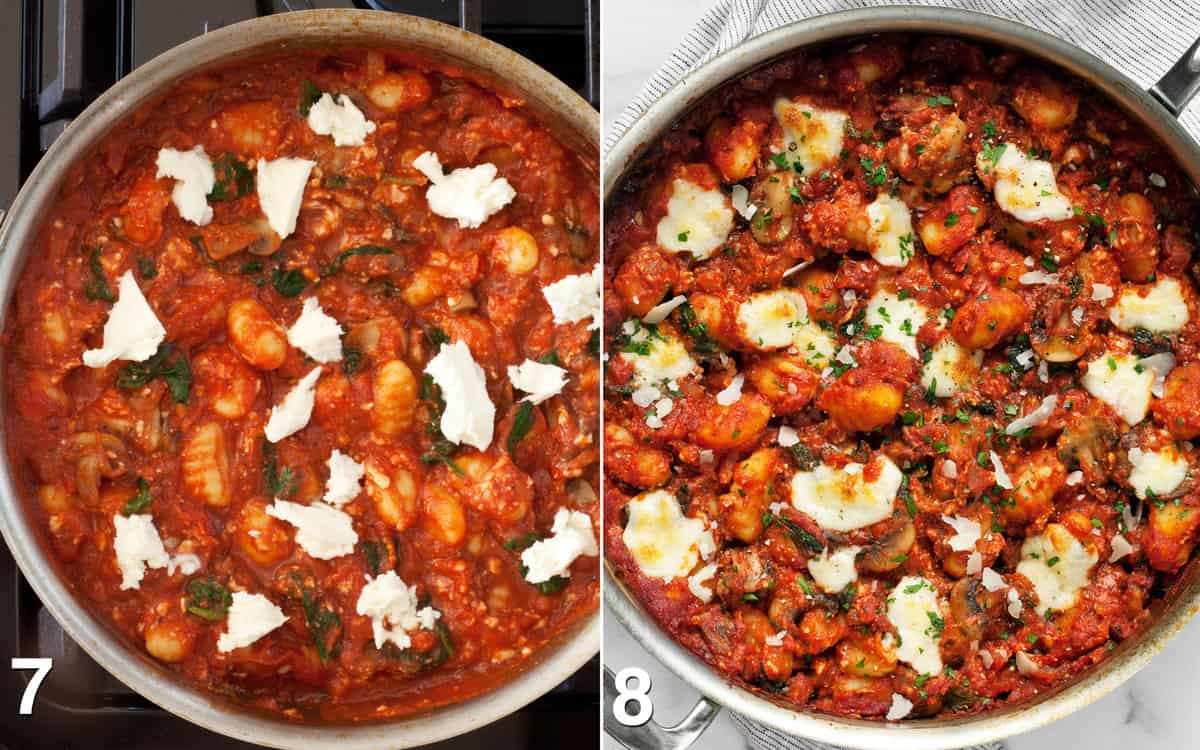 Top the gnocchi with torn mozzarella. Sprinkle the baked gnocchi with Parmesan and parsley.