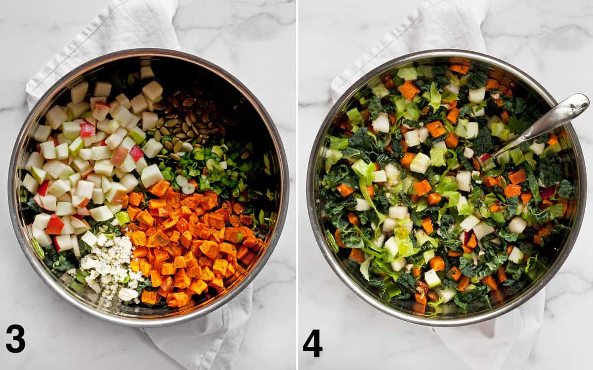 Salad ingredients assembled in a bowl before and after they are tossed together.
