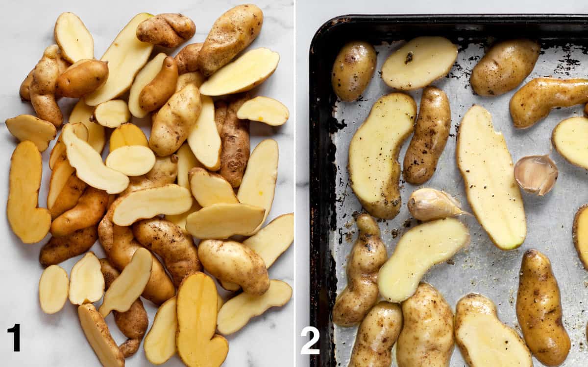 Sliced fingerling potatoes on marble and potatoes on a baking sheet.