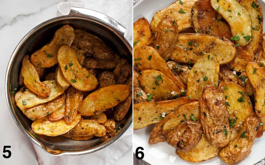 Roasted fingerling potatoes in a bowl. Roasted potatoes on a plate.