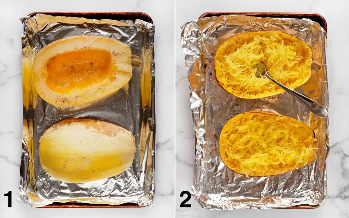 Spaghetti squash on a sheet pan before and after it is roasted.