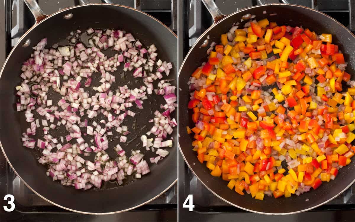 Onions sautéing in a skillet. Bell peppers stirred into onions.