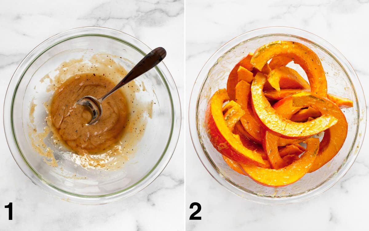 Make the miso marinade in a bowl and then stir the squash wedges into the marinade.