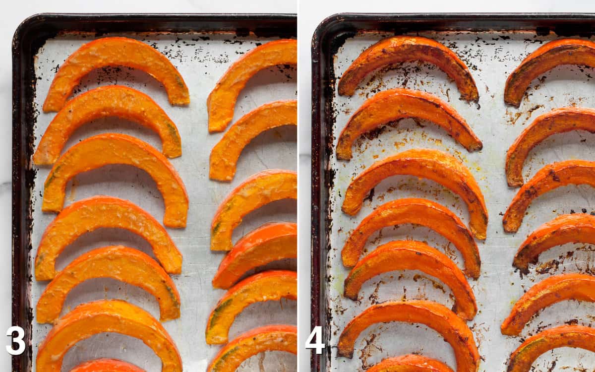 Squash wedges on a sheet pan before and after they are roasted.