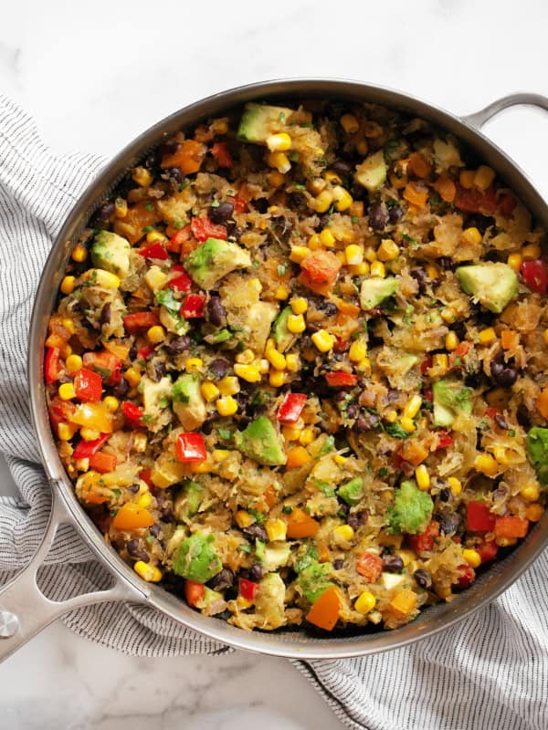 Southwestern spaghetti squash in a skillet.