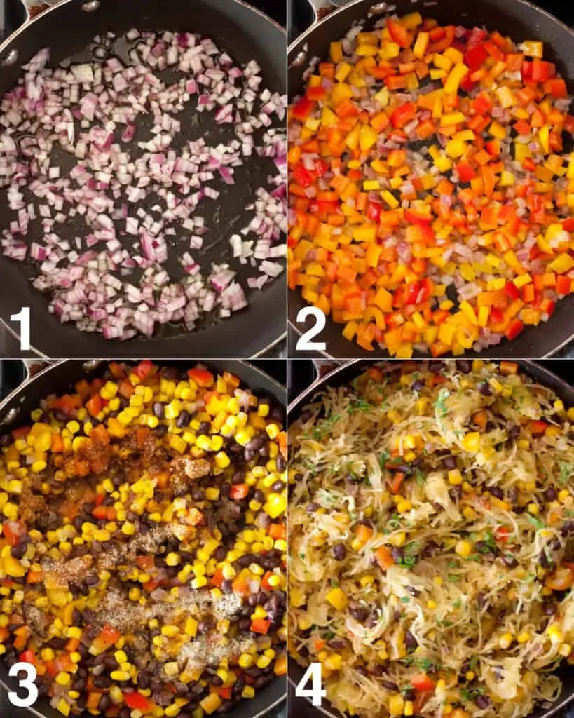 Steps to saute onions, peppers and spices on the stove