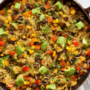 Southwest spaghetti squash in a skillet.