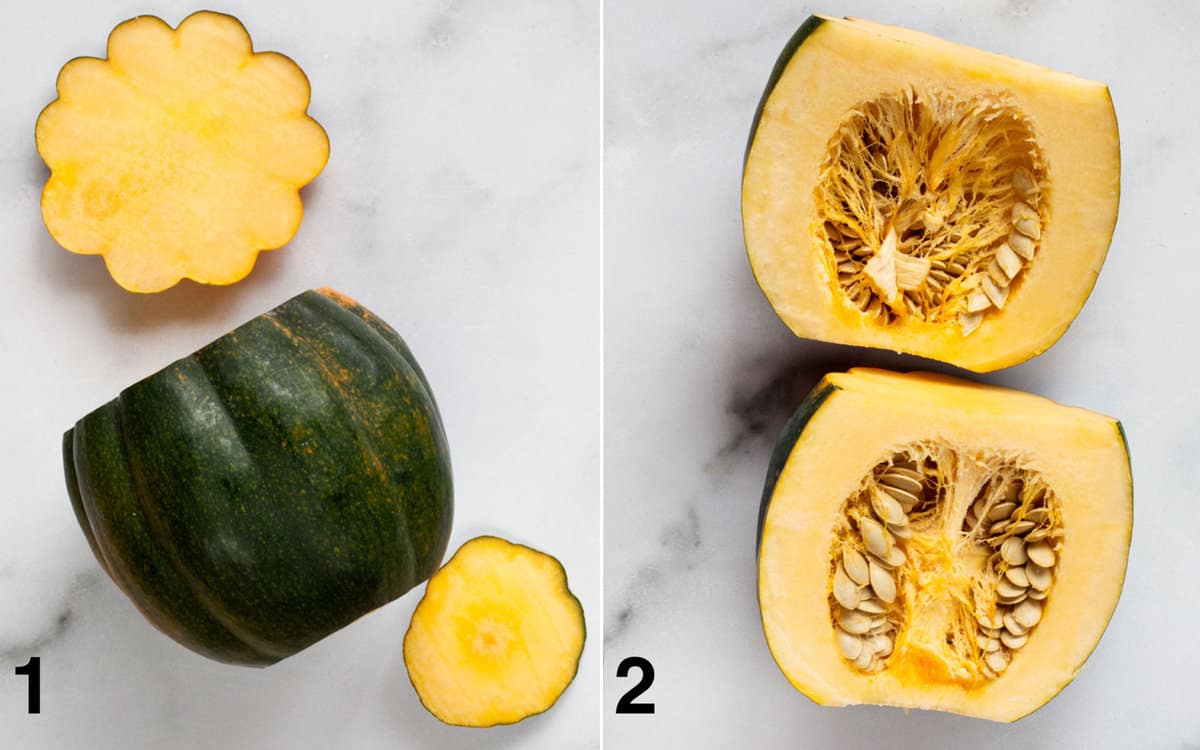 Trim the squash and then slice it in half lengthwise.