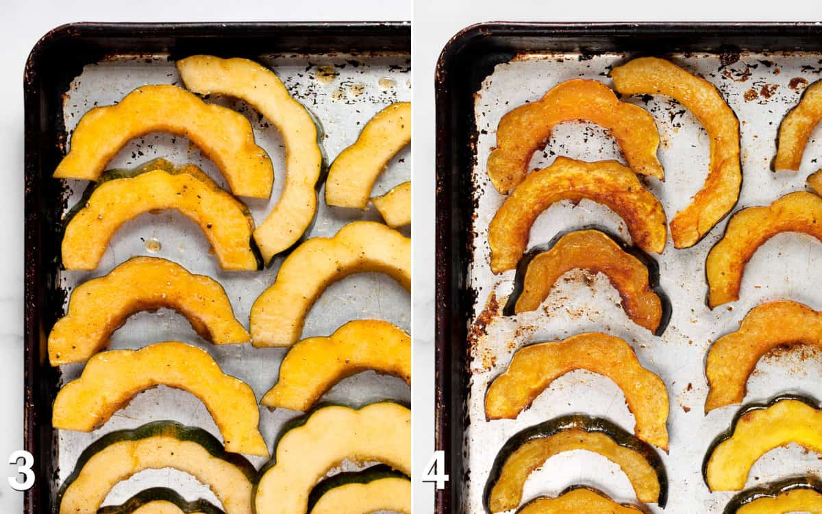 Squash on a baking sheet before and after it is roasted.