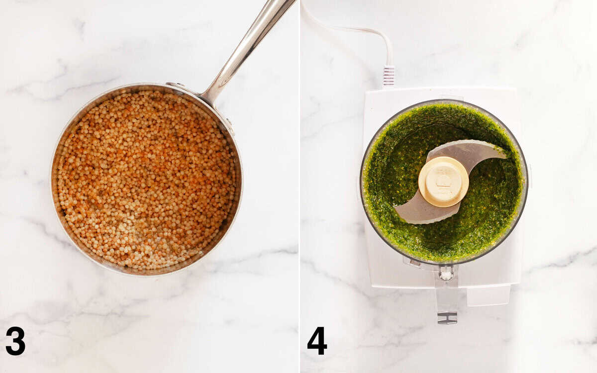 Pearl couscous in a pot. Parsley pesto in a food processor.