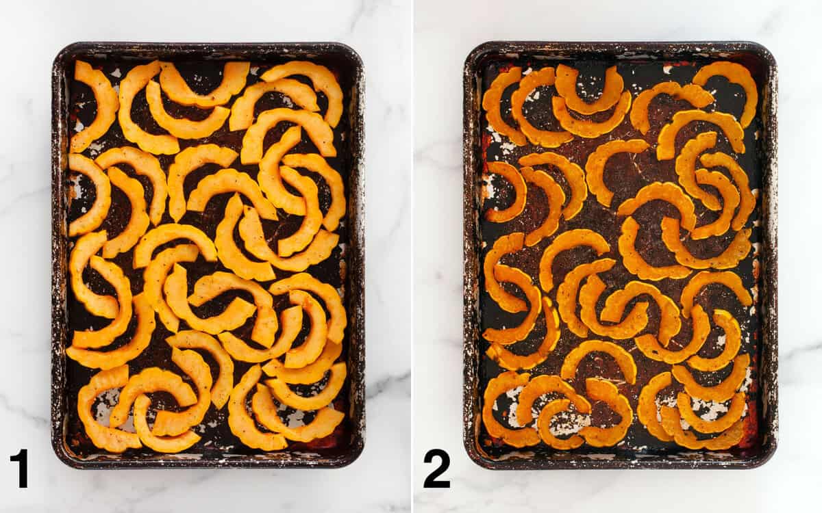 Delicata squash slices on a sheet pan before and after it roasts.
