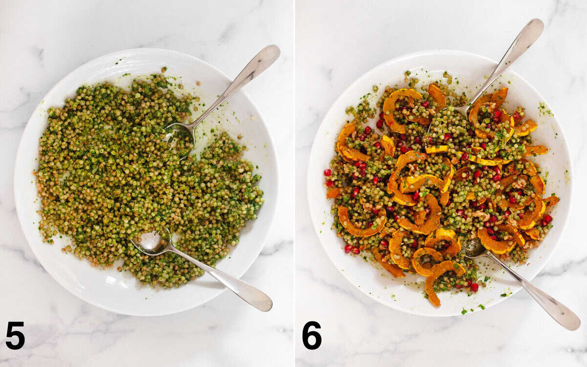 Pearl couscous and pesto stirred together in a bowl. Roasted squash, pomegranate seeds, walnuts and fresh herbs folded into couscous.