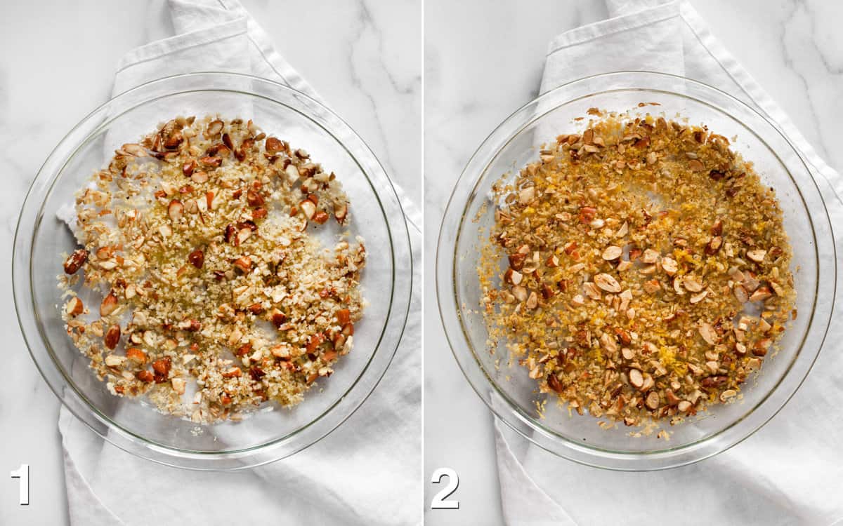Breadcrumbs and almonds in a pie plate before and after roasting.