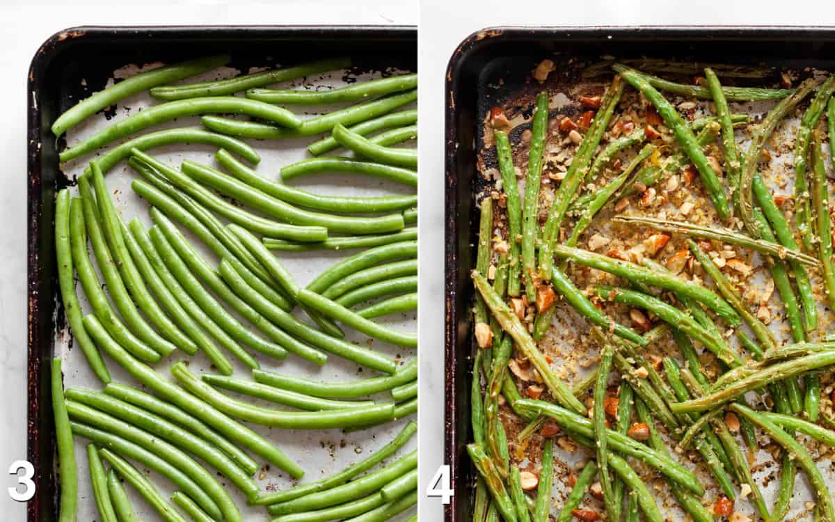 Raw green beans on a sheet pan. Roasted green beans tossed with toasted breadcrumbs and almonds.