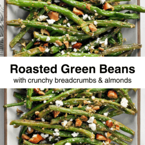 Roasted green beans topped with breadcrumbs on a plate.