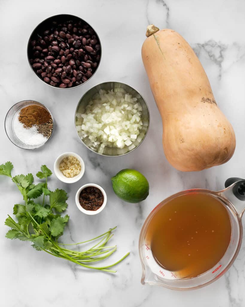 Butternut squash, black beans, chipotle peppers, onions, spices, garlic and ingredients for soup