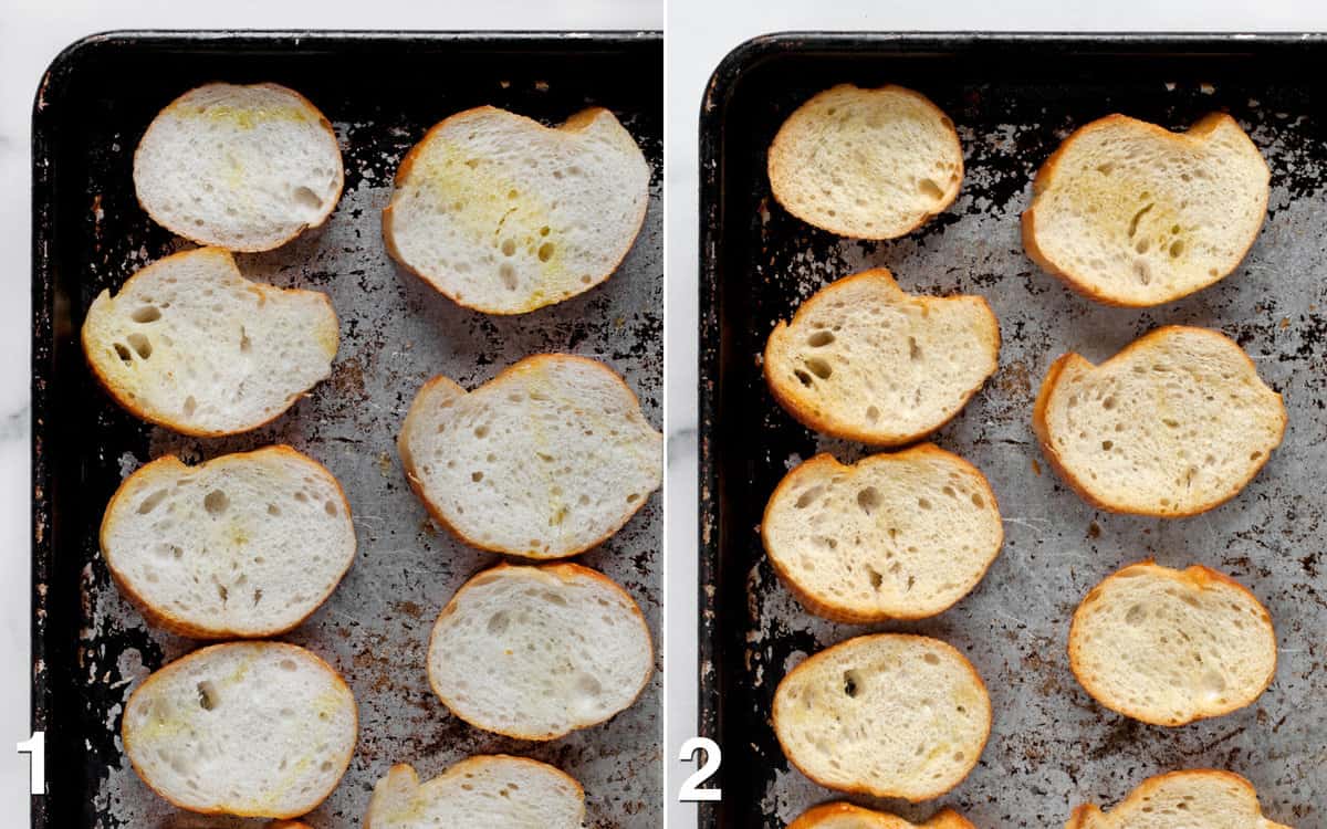 Sliced baguette on a sheet pan. Toasted baguette on a pan.