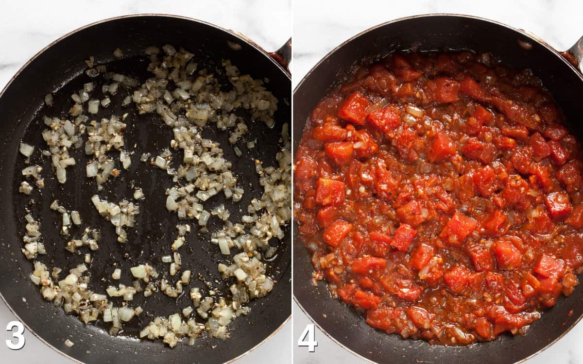 Sauteed onions in a skillet. Diced tomatoes simmering in a skillet.