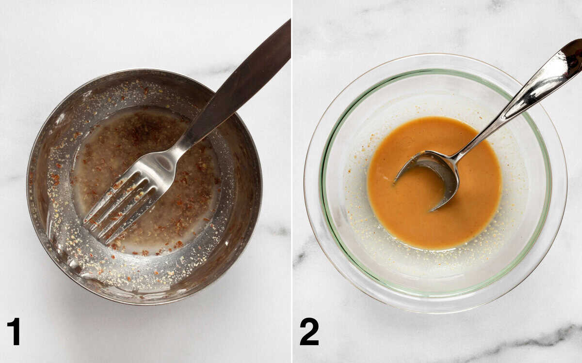 Flax egg whisked in a small bowl. Melted coconut oil and nut butter stirred in a glass bowl.