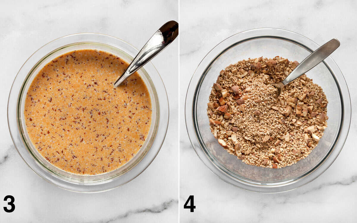 Wet ingredients stirred in a bowl. Dry ingredients combined in another bowl.