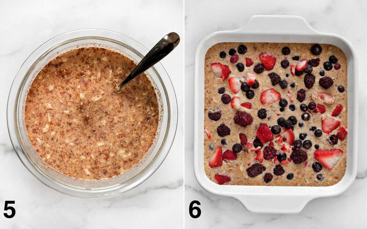 Wet ingredient stirred into dry ingredients in a glass bowl. Oatmeal in baking dish topped with frozen berries before it bakes in the oven.