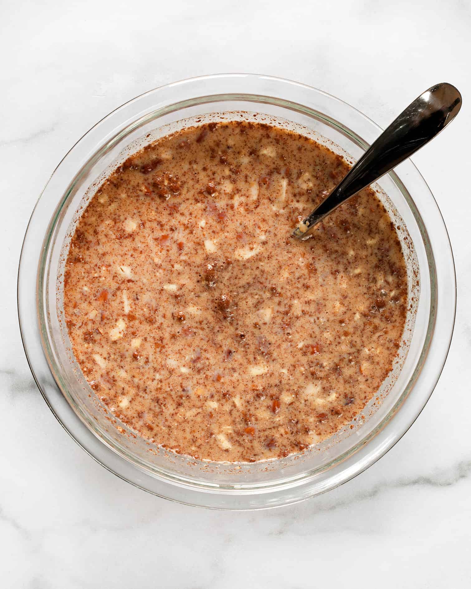 Stir the wet ingredients into the dry ingredients in a bowl