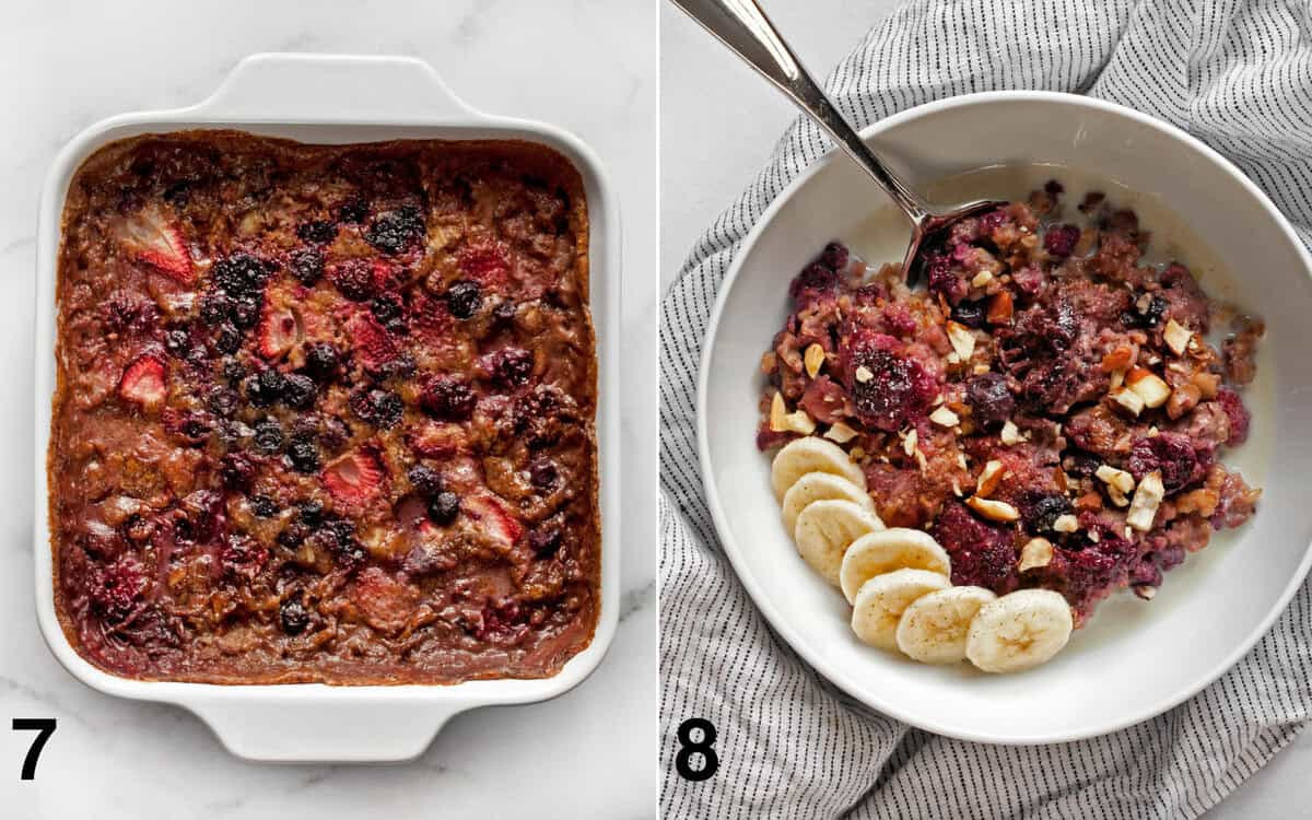 Berry baked oatmeal in a baking dish. Oatmeal spooned into a serving bowl with milk and sliced bananas.