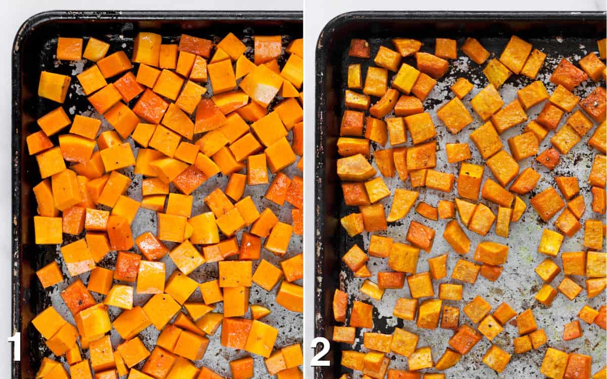 Butternut squash on a sheet pan before and after it is roasted.