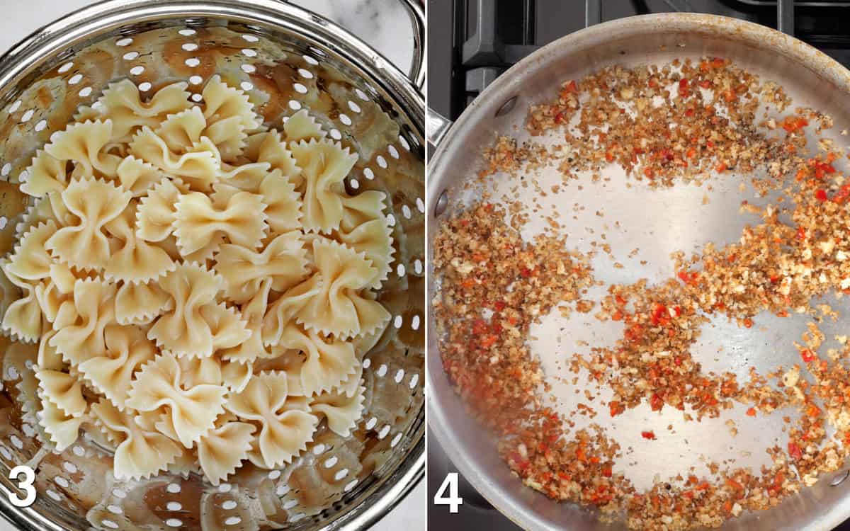 Bow tie pasta in a colander. Bread crumbs toasting in the pan.