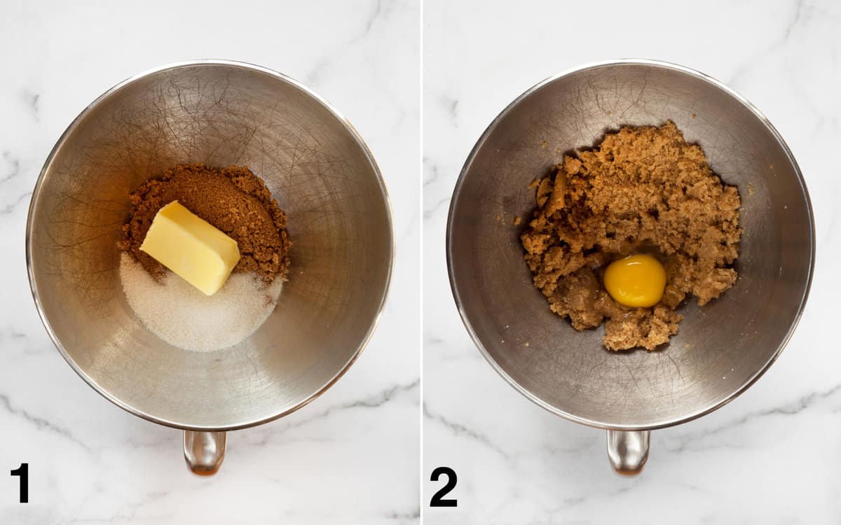 Butter, granulated sugar and brown sugar in a bowl. Creamed butter and sugars with an egg in the bowl.