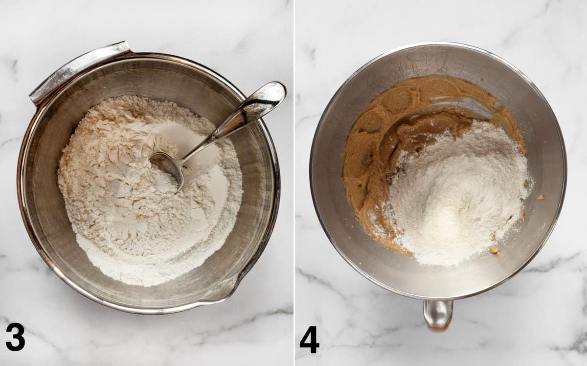Flour in a bowl. Flour stirred into wet ingredients in the mixing bowl.