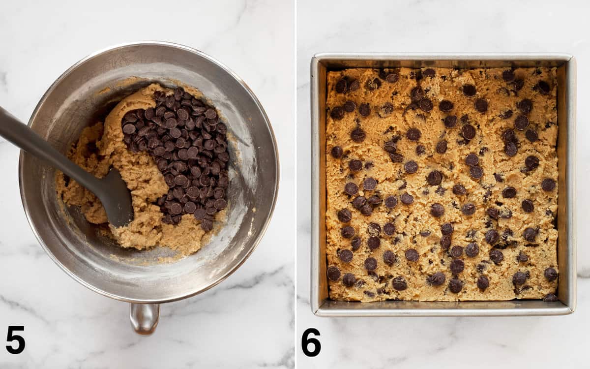 Chocolate chips stirred into dough. Raw dough spread into baking pan.