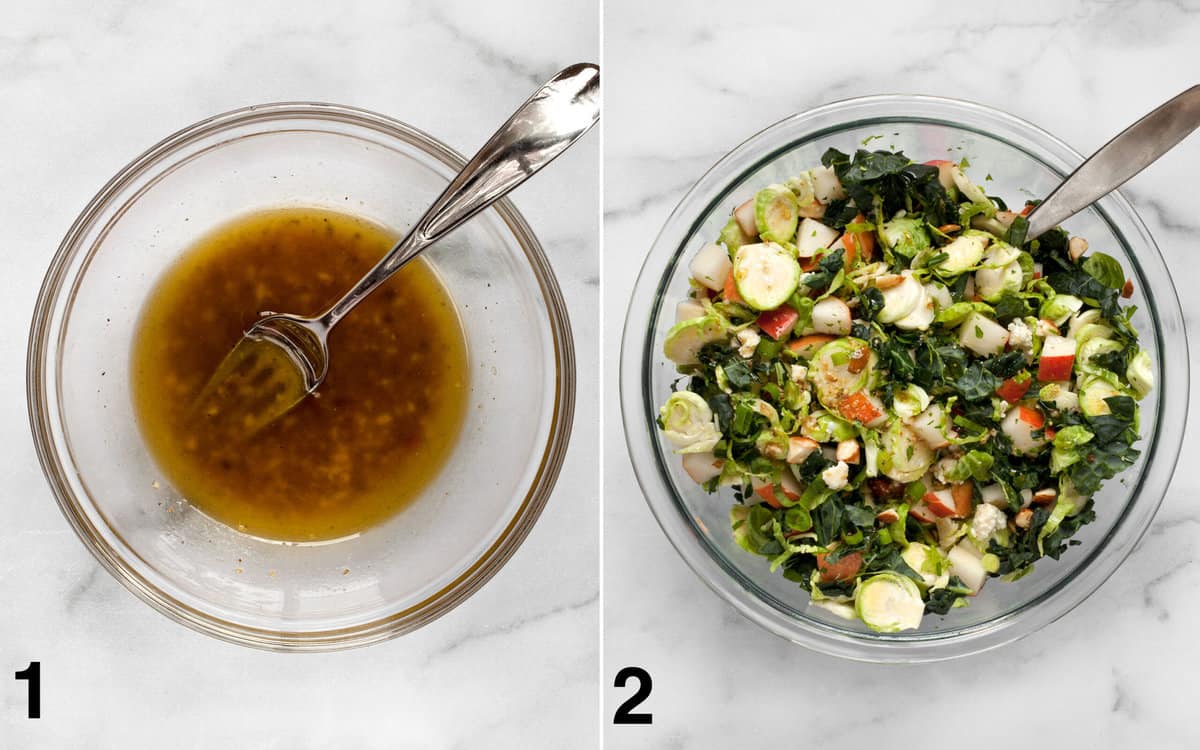 VInaigrette in a bowl. Salad assembled in another bowl.