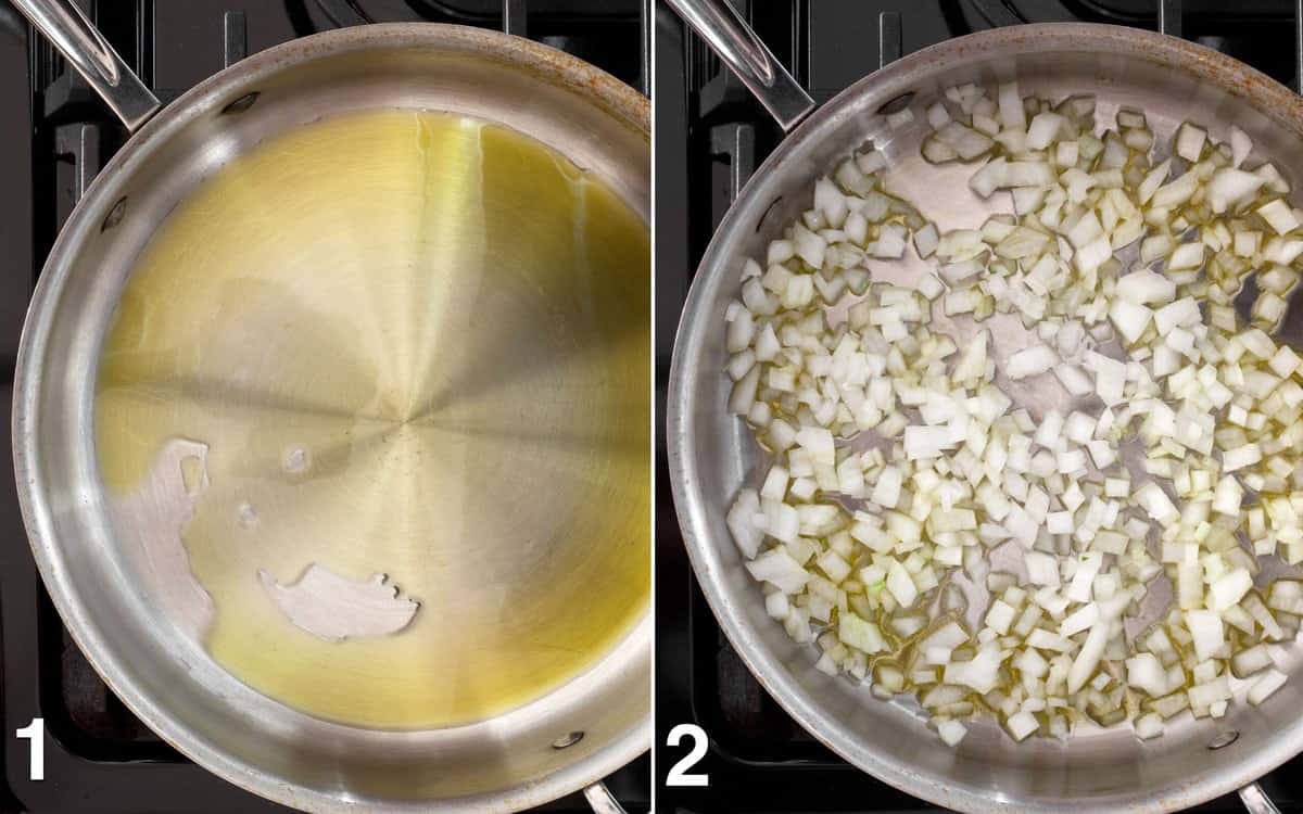 Olive oil warming in a skillet on the stove. Onions sauteing in the skillet.