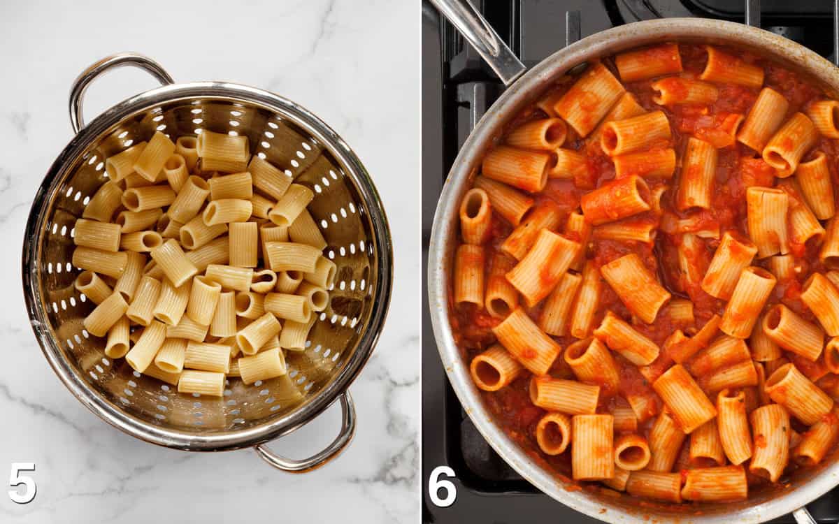 Pasta in a colander. Rigatoni stirred into tomato sauce in the skillet.