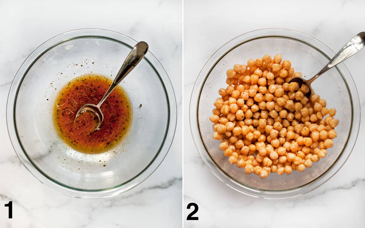 Marinade in a large bowl and chickpeas stirred into marinade.