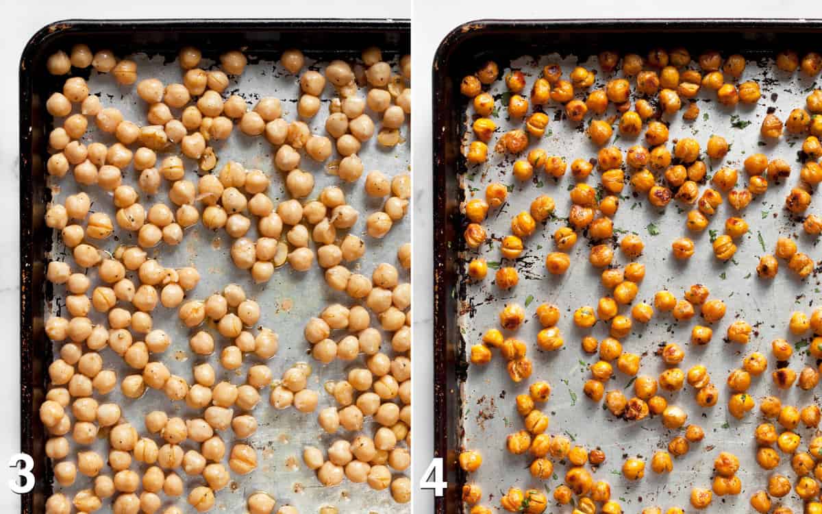 Raw chickpeas on sheet pan and roasted chickpeas on sheet pan.
