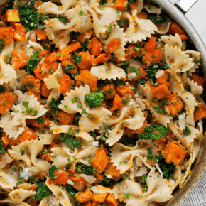 Butternut squash kale pita in a skillet.