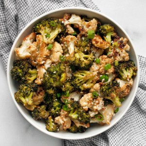 Tahini cauliflower and broccoli in a bowl.