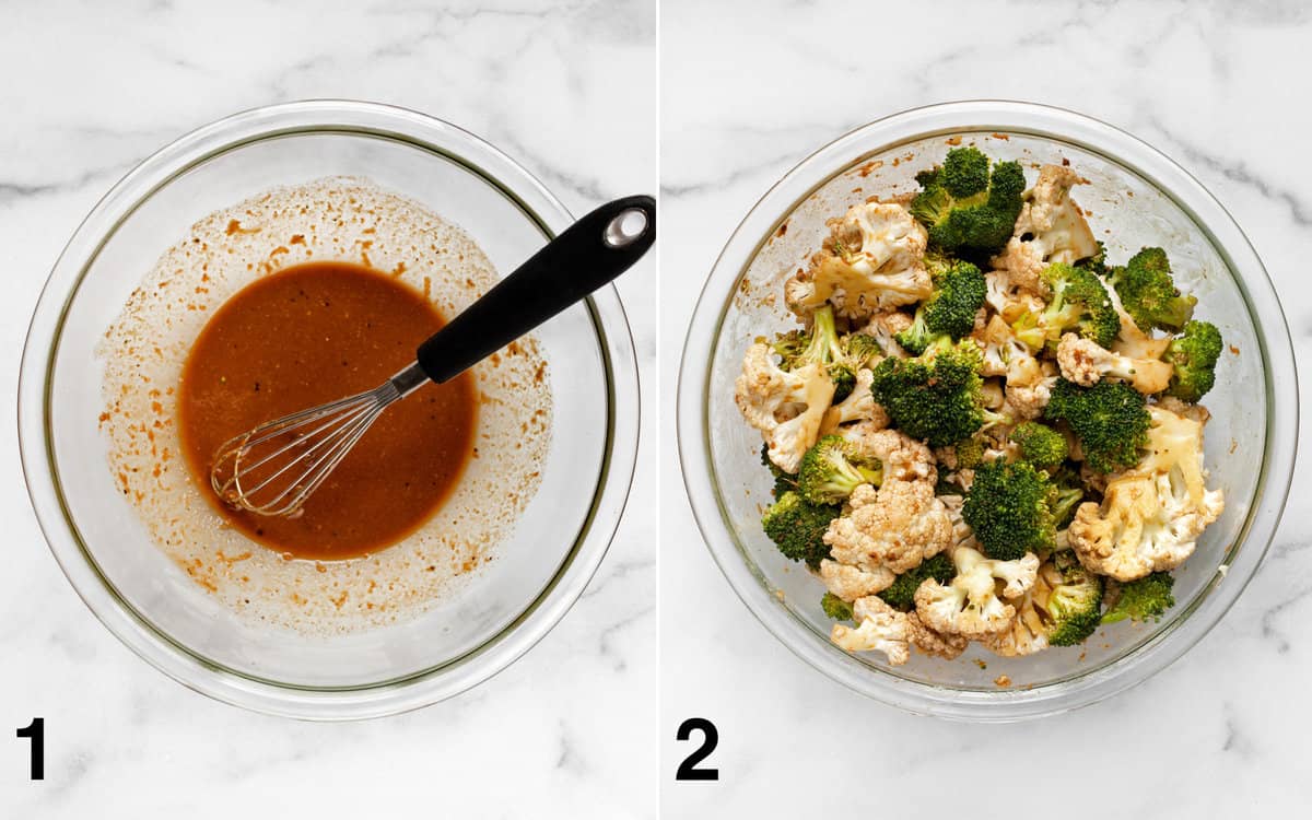 Tahini marinade in a bowl. Broccoli and cauliflower stirred into marinade.