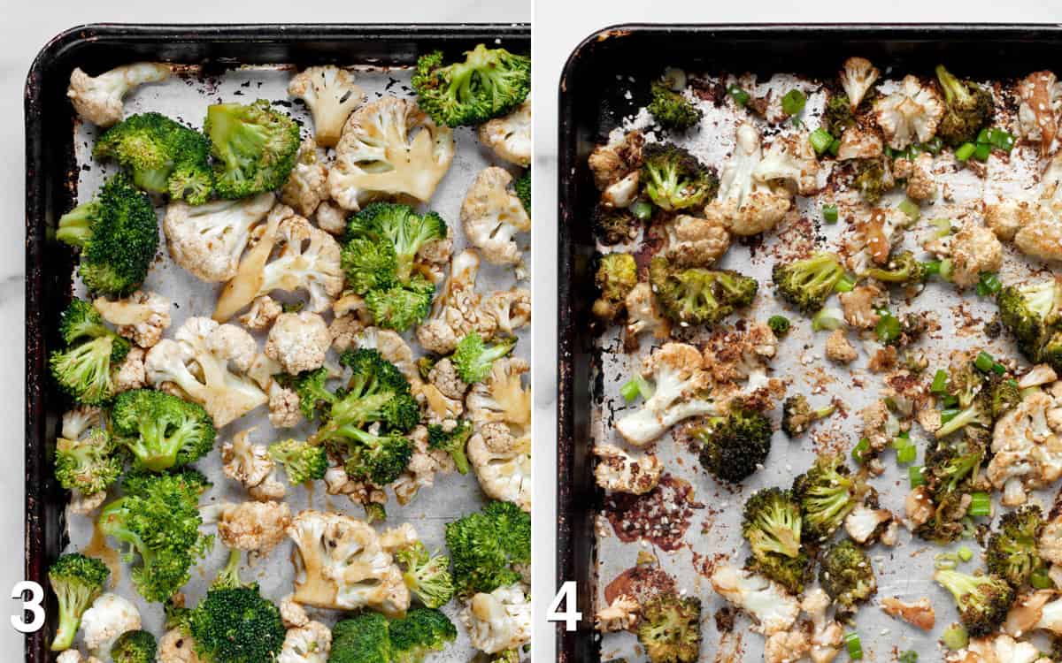 Cauliflower and broccoli on a sheet pan before and after they are roasted.